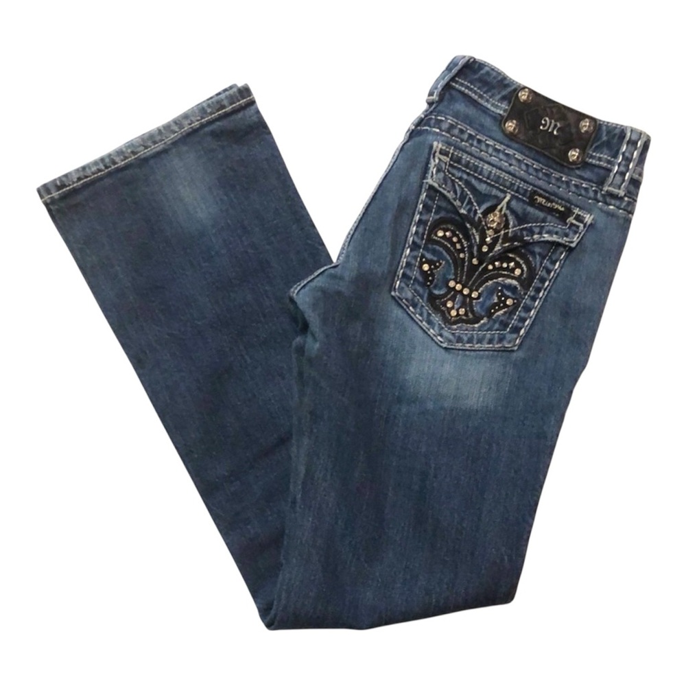 Miss Me Fleur de Lis Bootcut Jeans, Flap Back Pockets, Md wash,Y2K,Western